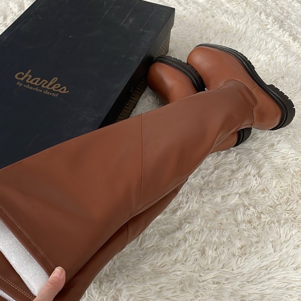 NIB Charles David cognac thighhigh soft leather boots 2” rubber heel side zipper